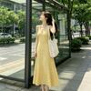 Dopamine yellow plaid dress is thin and gentle temperament neck sling dress collar lazy vacation style