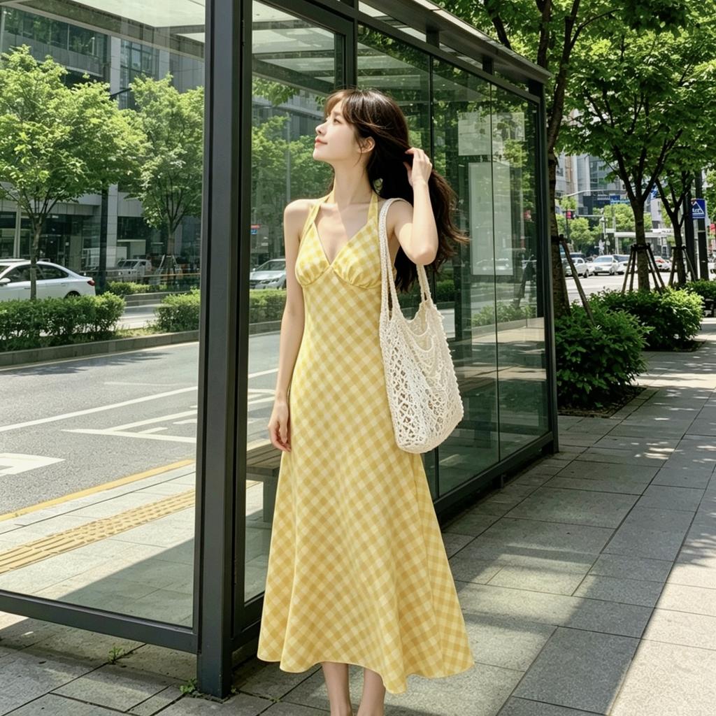 Dopamine yellow plaid dress is thin and gentle temperament neck sling dress collar lazy vacation style