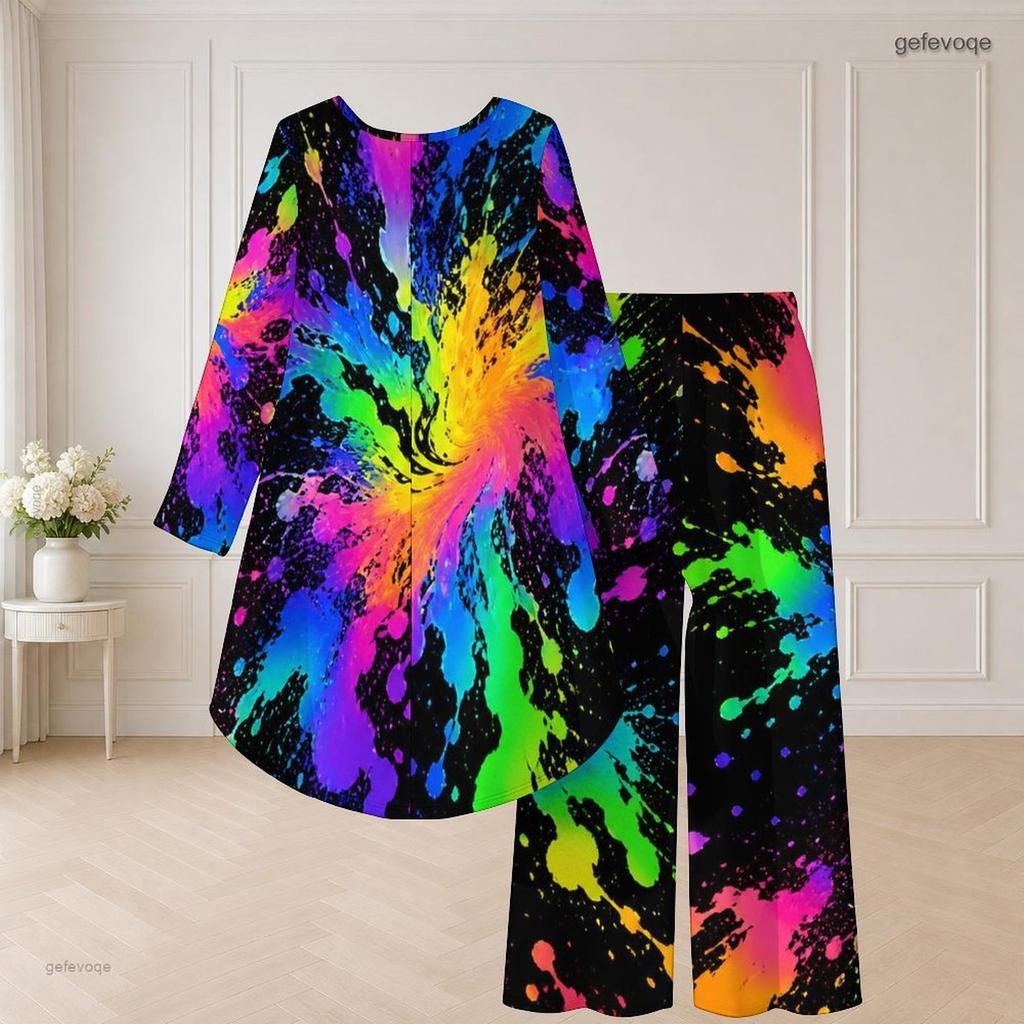 Women Plus Size Black Gold Printed Round Neck Long Sleeve High Low Top Wide Leg Pants Two Piece Set