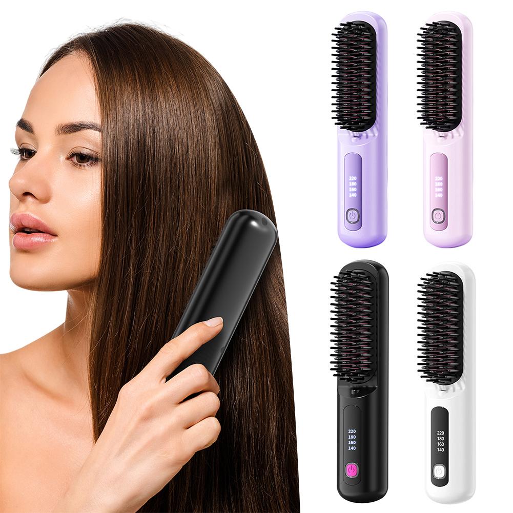 2 In 1 Mini Hair Straightener Brush Fast Heating Anti-Scald Cordless Straightener Brush Hair Flat Iron Curler Girl Combing Hair