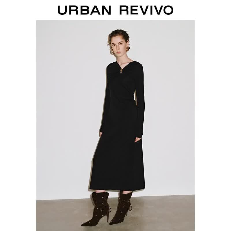 UR2025 Women s Elegant Pleated Long Sleeve Dress XS