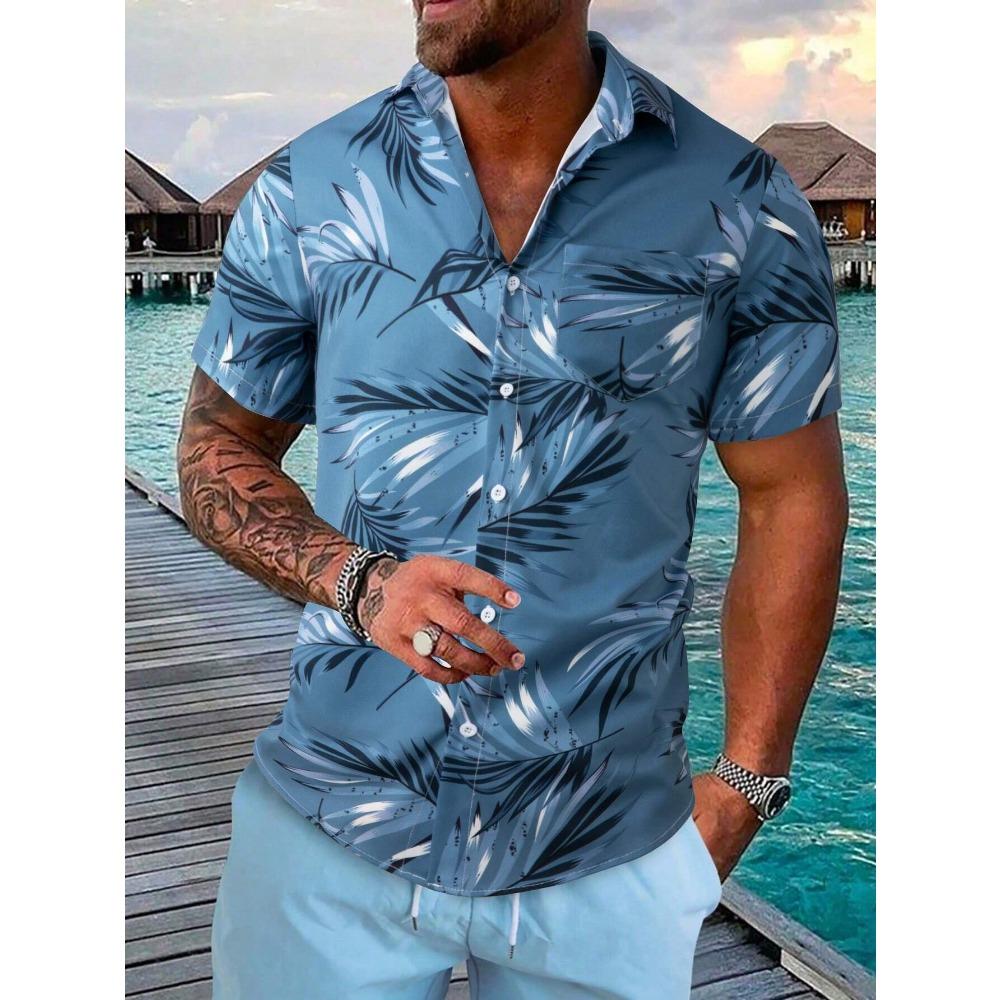 Hawaiian palm tree 3D printed men's shirt, casual and fashionable short sleeved shirt, lapel button top large unisex clothing