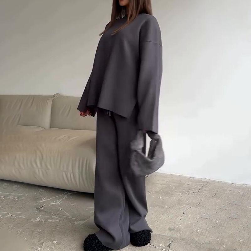 

European and American Foreign Trade Women clothes Solid round Neck Fashion Casual Wide Leg Pants Sweater Knitted All-Match Simple Outer Wear Set Women Grey S