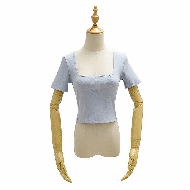 Women's European & American Style Crop Top: Generous Neckline, Tight Short Sleeves, Elastic, Sports Fitness Base Layer T-Shirt.