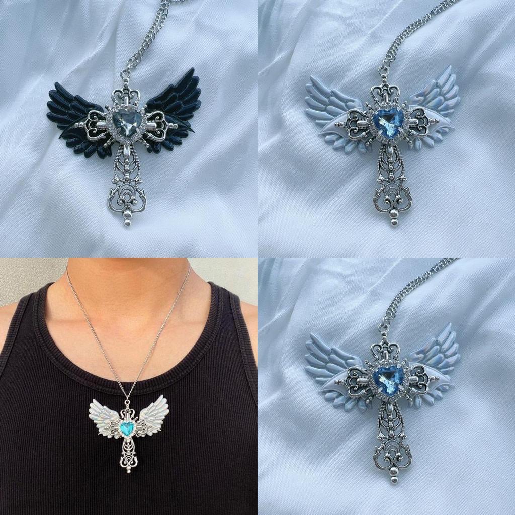 Elegant Gothic Y2k Cross Necklace With Olink Chain And Unique Angel Design Wing