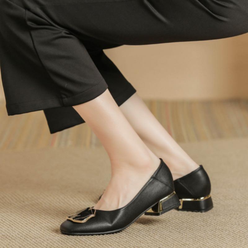 Low-heeled Work Professional Leather Shoes Flat-bottomed Shallow-mouth Thick-heeled Single Shoes Temperament All-match High-heeled Shoes
