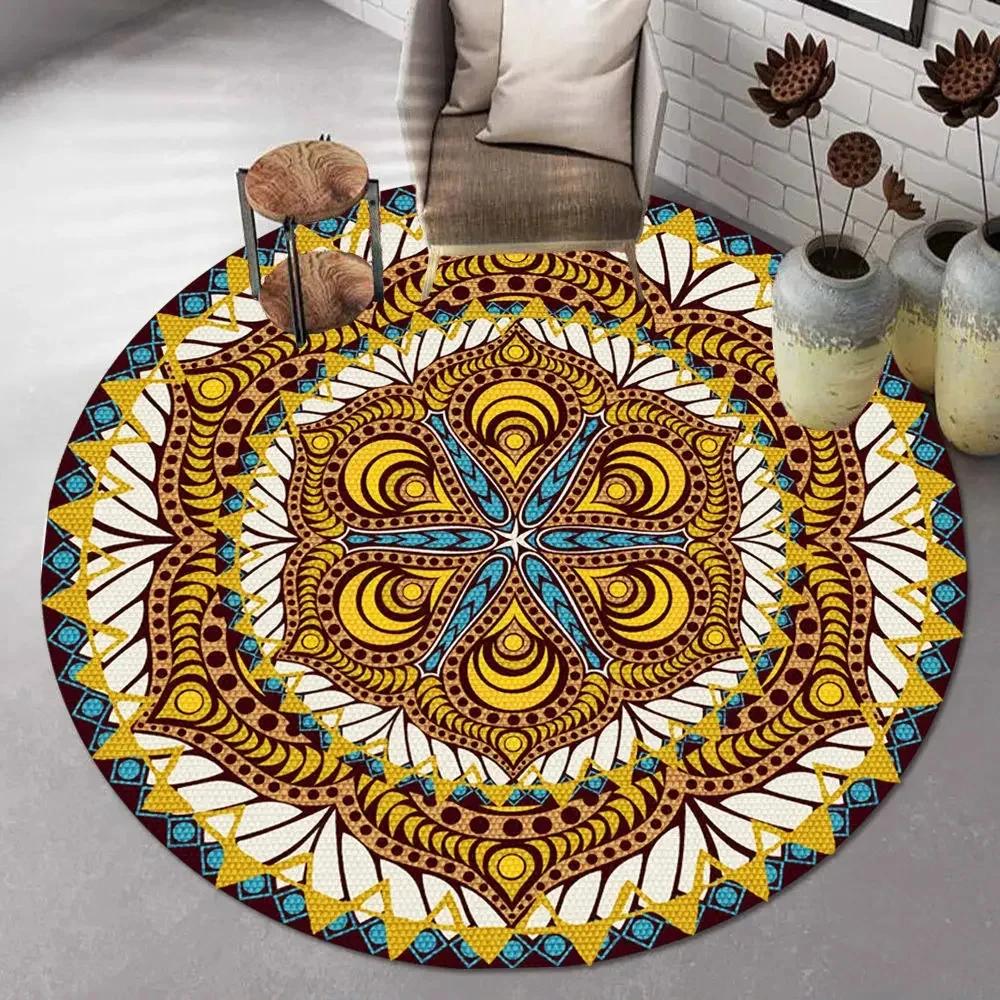 Bohemian Mandala Round Carpet Ethnic Style Vintage Floral Rug Living Room Coffee Table Sofa Mat Bedroom Hanging Basket Chair Mat