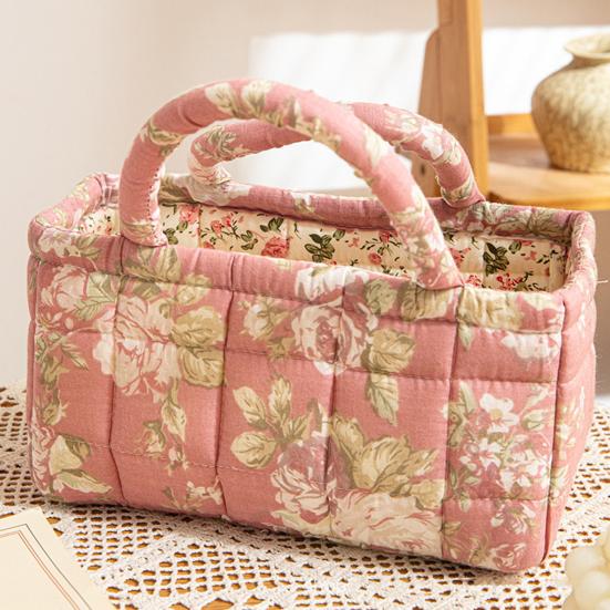 Quilted Floral Storage Basket Fabric Foldable Storage Tote with Handles Boho Collapsible Basket for Nursery Toys Towels Clothes Storage