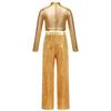 Girls Shiny Sequins Dance Crop Top Mock Neck Long Sleeve High Waist Wide Leg Pants Set