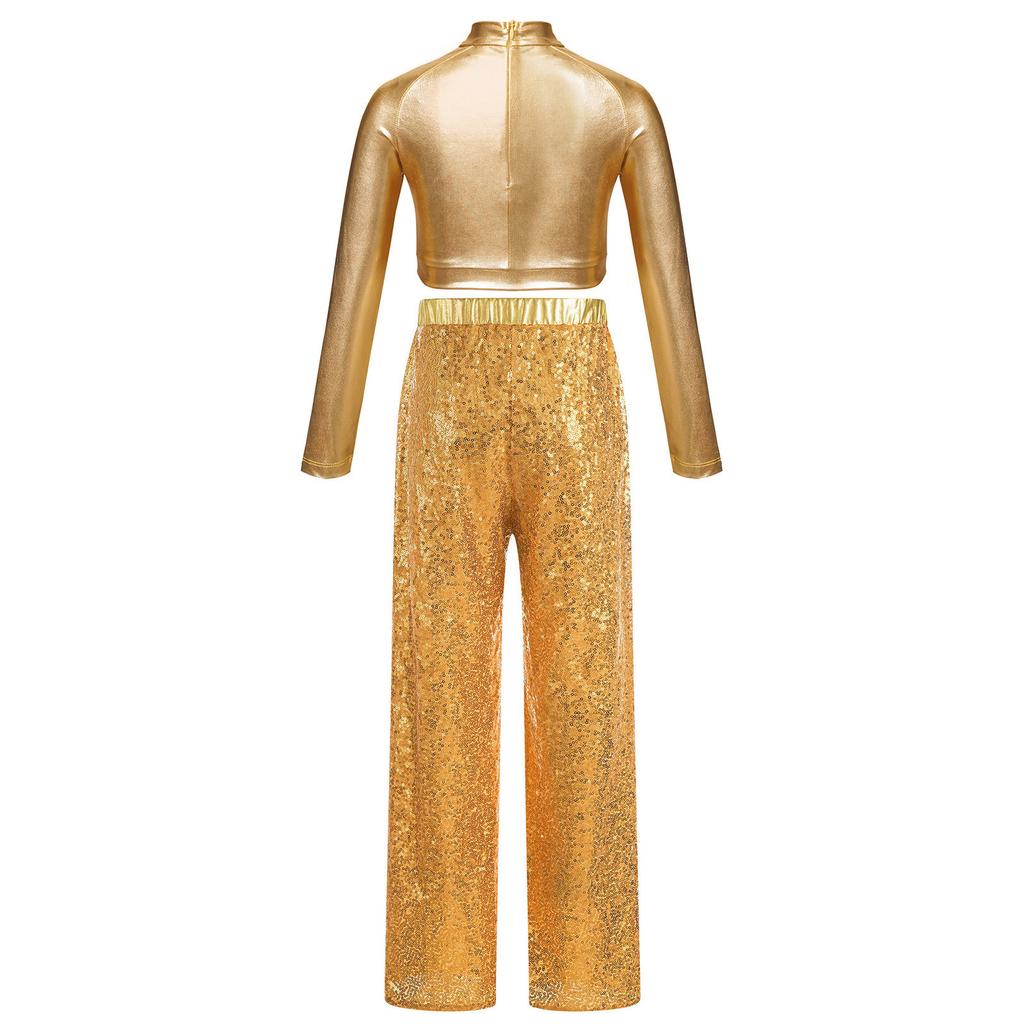 Girls Shiny Sequins Dance Crop Top Mock Neck Long Sleeve High Waist Wide Leg Pants Set