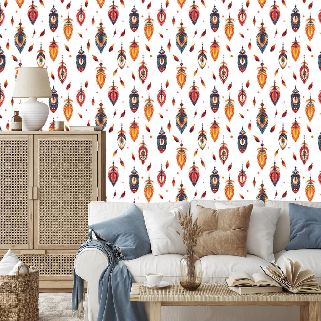 Boho Wallpaper White and Red for Living Room and Bedroom 50x1000