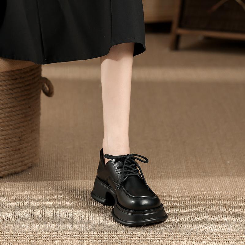 New retro black single shoes women's autumn round head lace-up versatile platform small leather shoes
