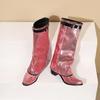 Shiny Sequined Cloth Knee High Fold Over Boots Women Block Heel Pink Gold Party Round Toe Lock Belt Zipper Bling Long Skirt Boot