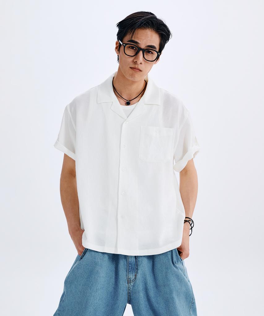 TAKEASY Linen-Like Roll-Up Half Shirt (White)