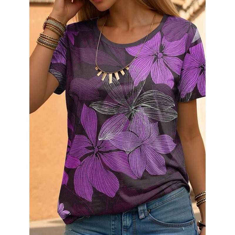 Women's Summer Simple Round Neck Women's Short Sleeved Shirt Casual Loose 3D Flower Print Shirt