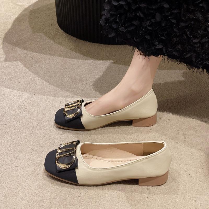 Single shoes women's low-heeled color matching spring and autumn new light-mouth square head low-heeled women's shoes gentle four-season shoes