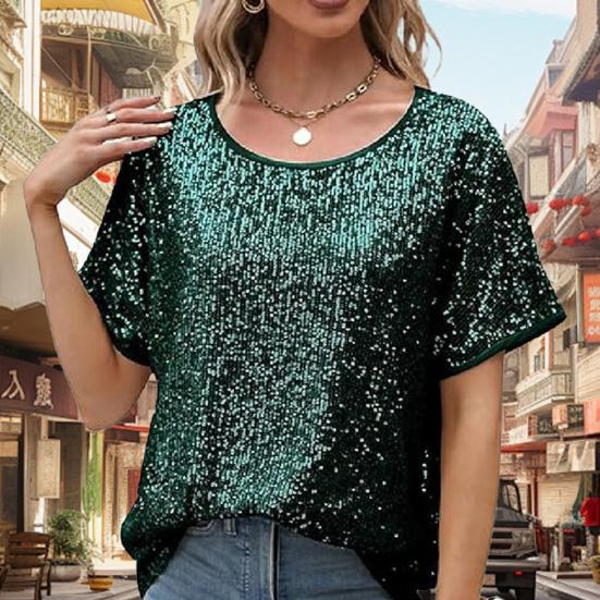 Women Tops Round Neck Short Sleeve Loose Fit Tee Shirt Sparkling Sequins Casual Shirt Versatile Summer Tops