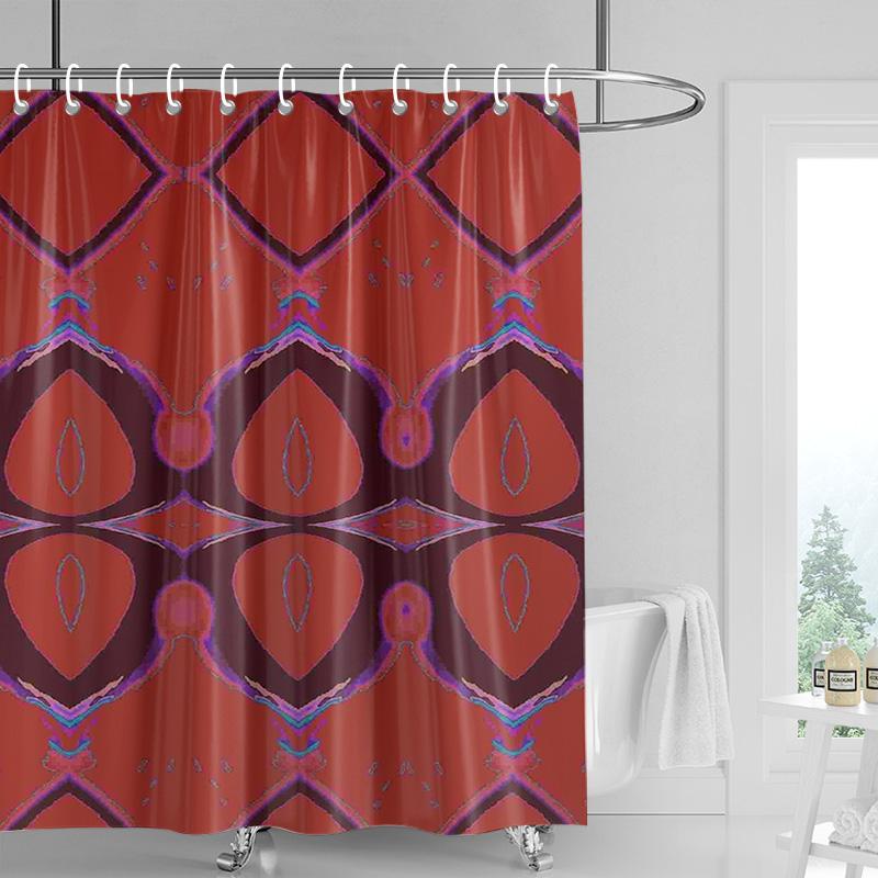 Abstract Symmetrical Shower Curtain-bright Red with Multi-color Geometric Pattern, Modern Bathroom Decoration