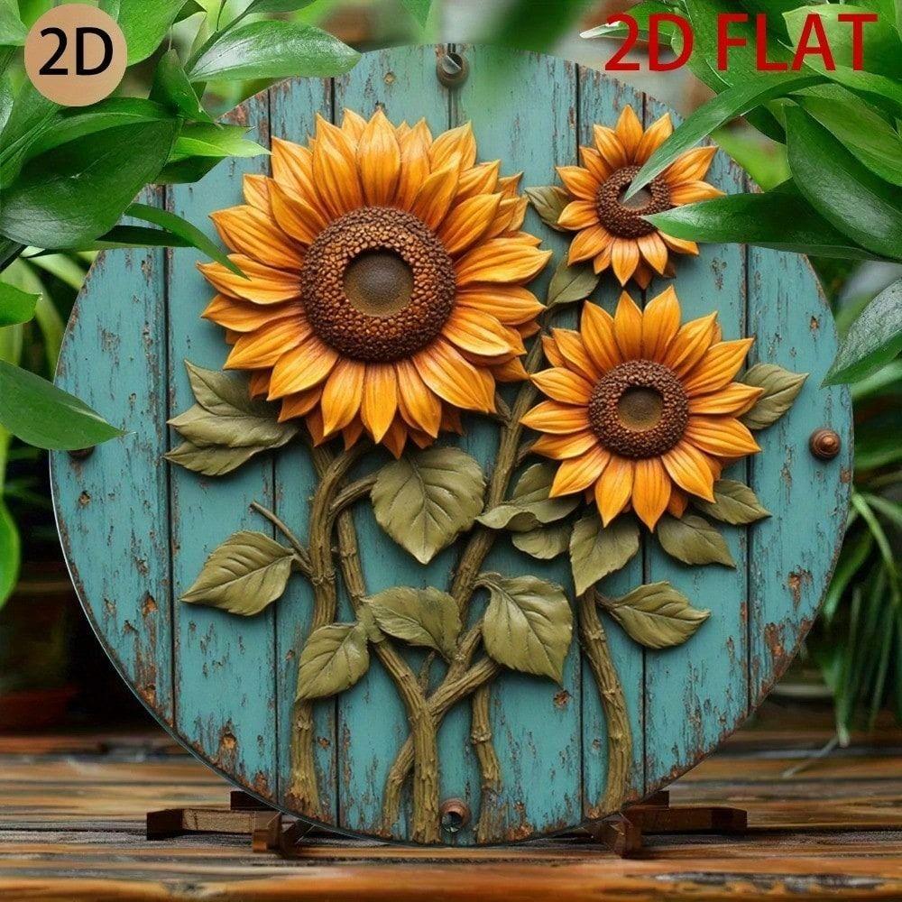 3D Sunflower Metal Wall Art Blue Circle Rustic Tin Sign for Living Room