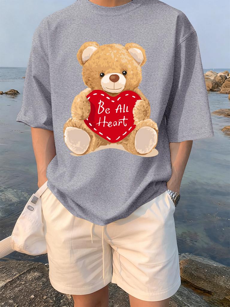 Cartoon Bear Gives You His Heart Prints TShirts Womens Summer Cotton Tops ONeck Soft Loose Short Sleeve Tees Casual Clothes