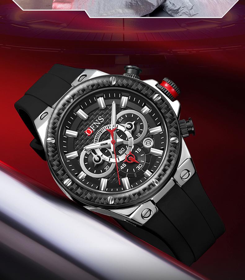 OFNS Men's Multifunctional Waterproof Quartz Watch with Calendar and Six-Hand Chronograph, Silicone Strap.