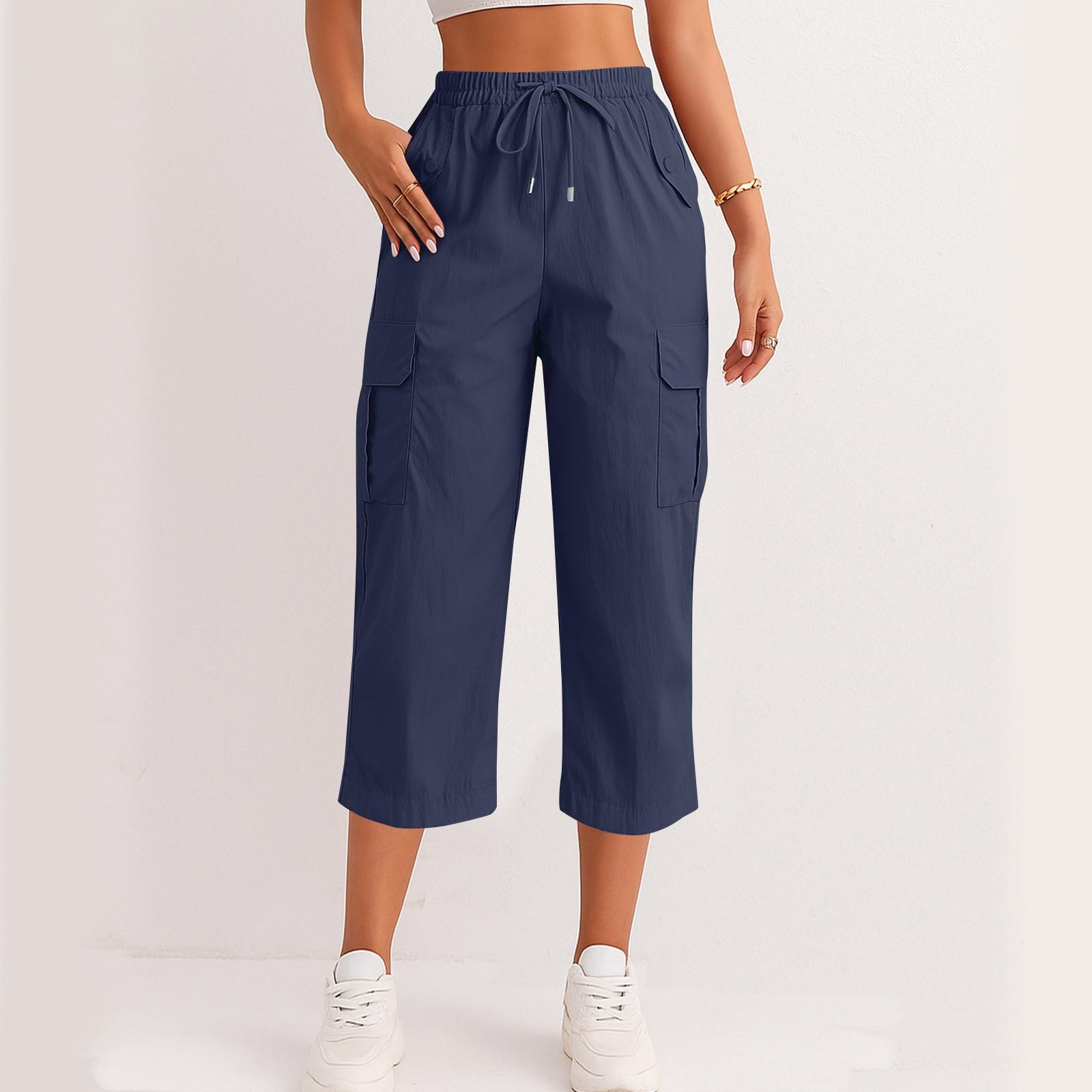 

Women s Fashionable Drawstring With Flip Pocket Solid Color Captcha Pants Work Pants XXL Темно-синій