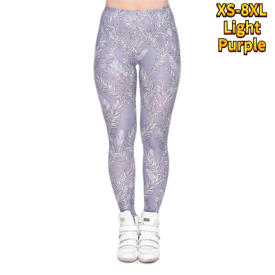 Womens Light Purple Feather Prints Stretch Yoga Leggings Fitness Running Gym Sports Active Pants