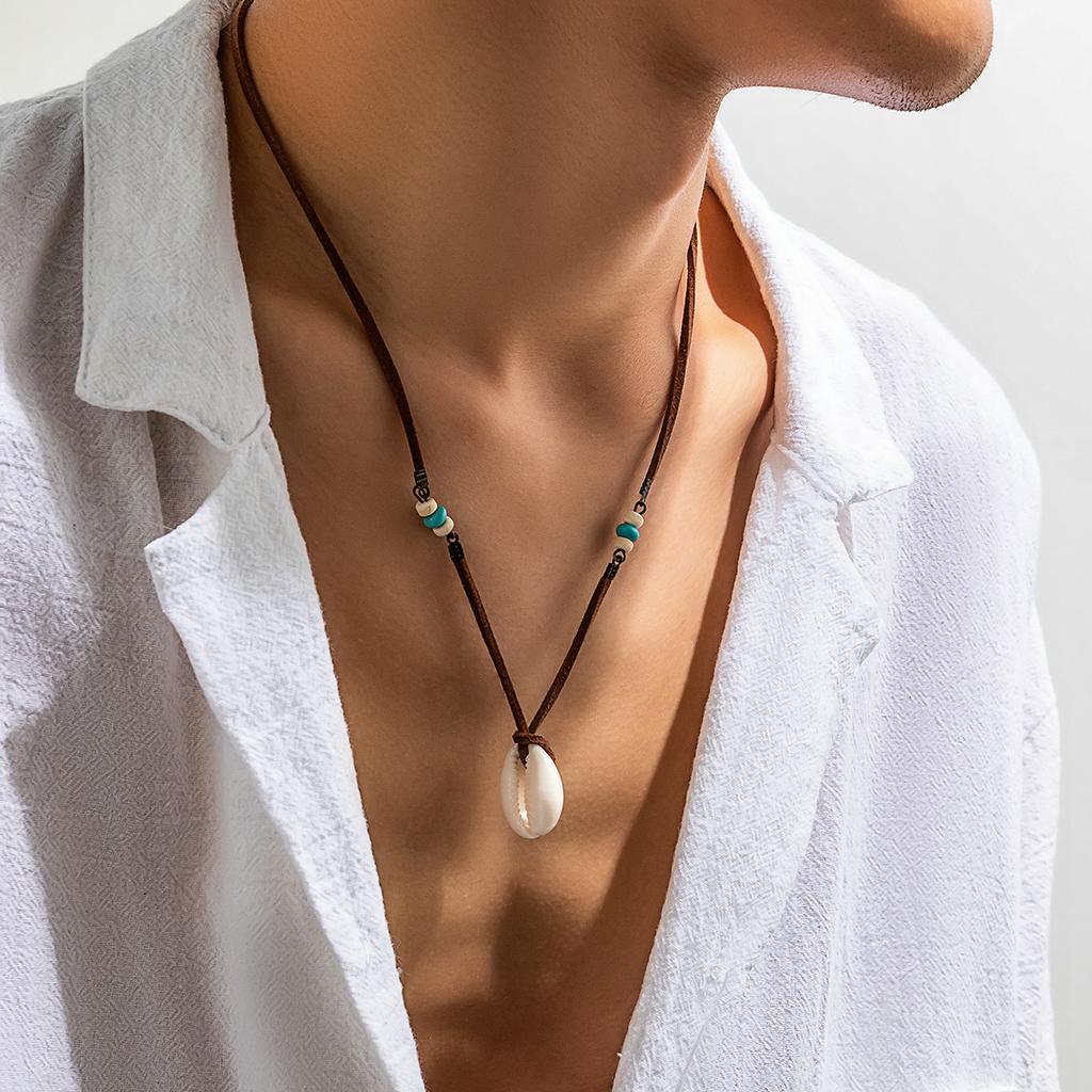 Salircon Bohemian Simulation Shell Pendant Choker Simple Brown Korean Velvet Clavicle Necklace Men's Casual Party Jewelry
