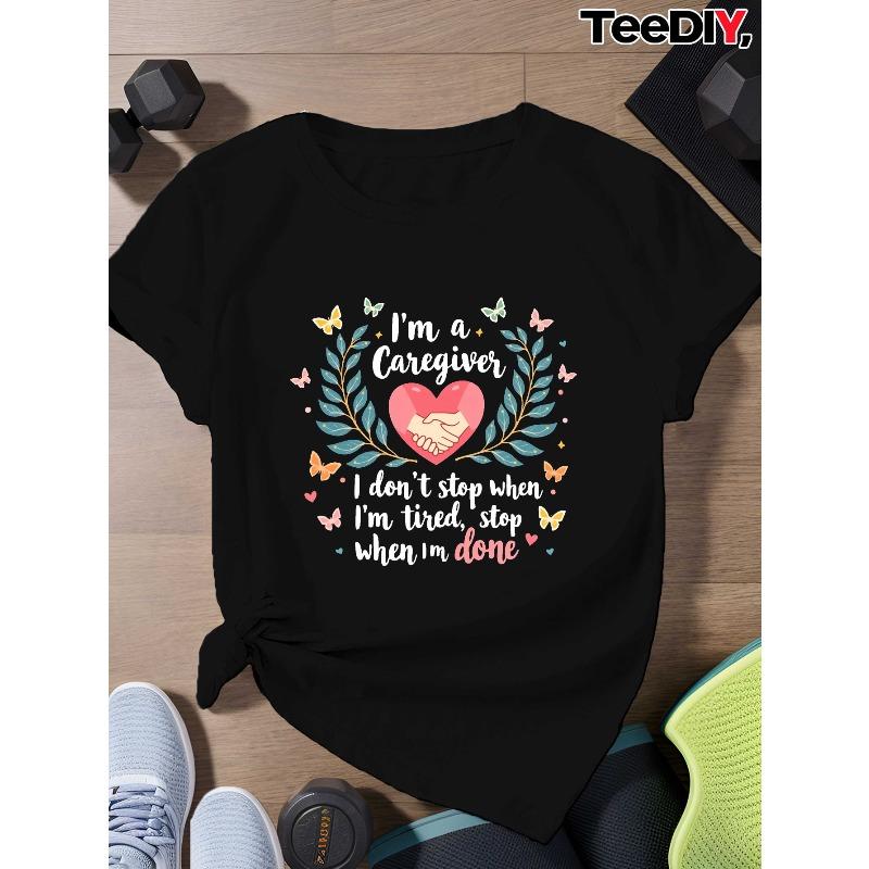 Women s Plus Size Caregiver Inspirational Print Tee Round Neck Short Sleeve Casual Top S чёрный