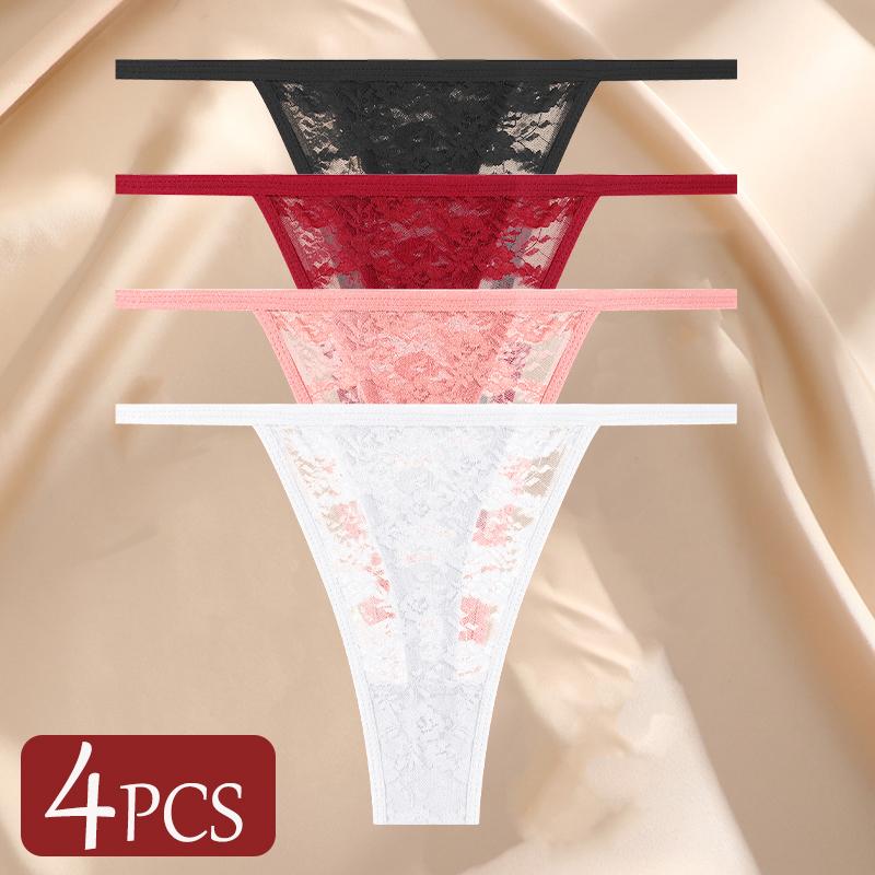 4Pcs/Set Sexy Lace Panties Women Elastic Hollow Out Transparent G-string Thong Female Lace Underpants Perspective Sexy Intimates