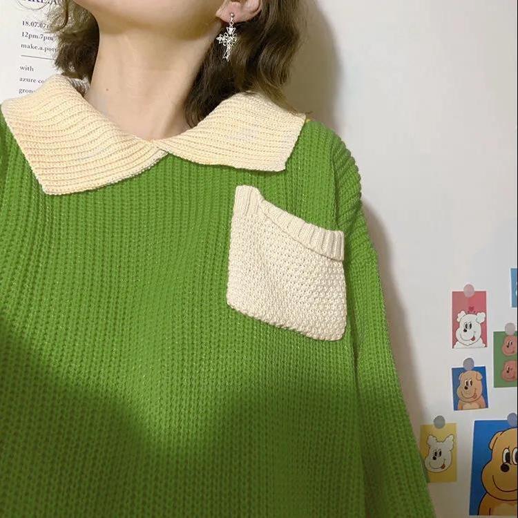 Dámský studentský trendy top v korejském stylu podzim zima barevný blok POLO límec volný ležérní styl svetr s dlouhým rukávem
