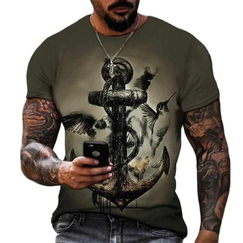 Vintage T Shirts For Men 3D Printed Anchor Top Short Sleeve Oversized Tee Hip Hop O-neck Cotton T-shirts Mens Clothing