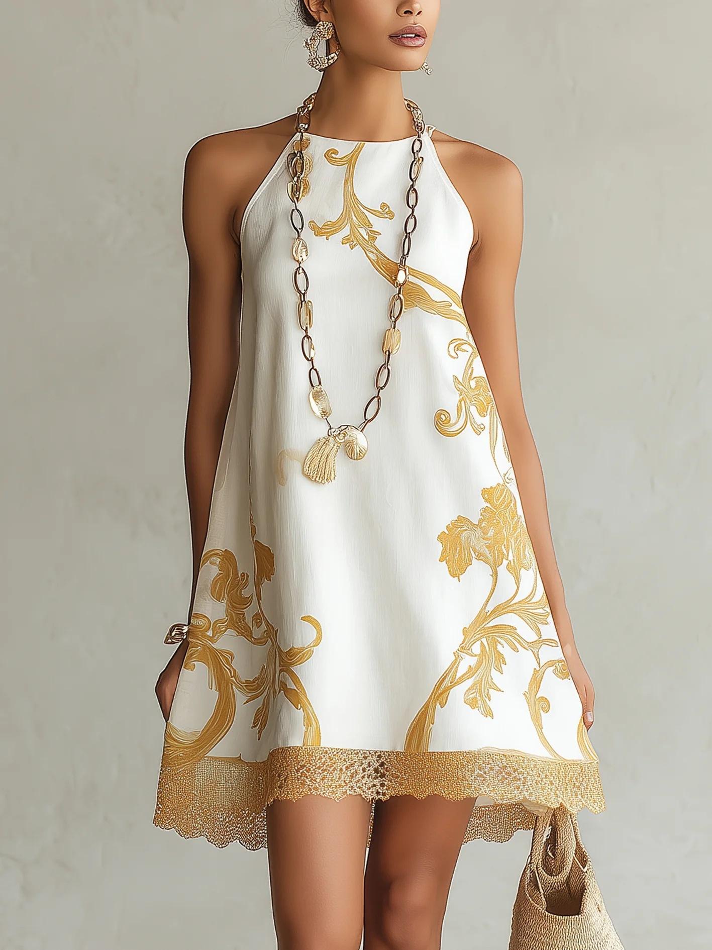 2026 light luxury gold vine print neck sleeveless A-word short skirt hem lace lace vacation dress S