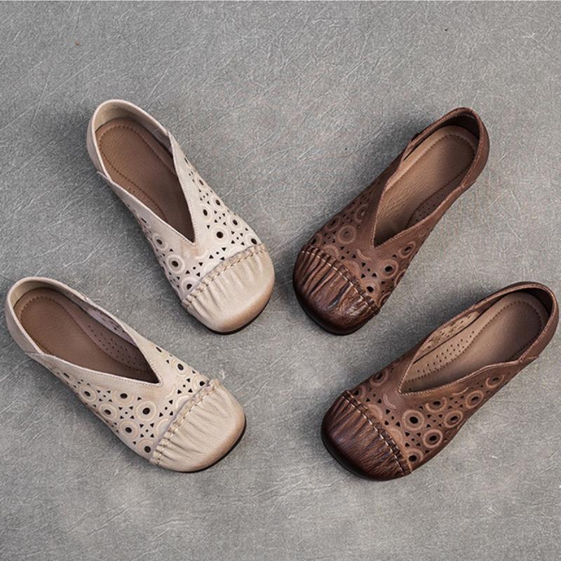 Johnature Retro-Echtleder, ausgehöhlt, atmungsaktiv, flache Schuhe, runde Zehen, lässige Damen-Slip-on-Schuhe