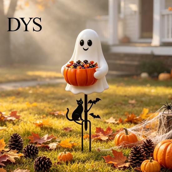Halloween Ghost Yard Stakes Candy Bowl Garden Stake, 2D Flat Pumpkin Holder with Cat Decorative Soil Insert Signs And Bats, Trick or Treat Art