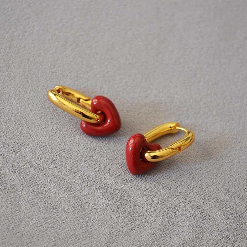 Korean Version Of Fashionable Retro Red Thick Fat Small Love Handmade Enamel Glaze Personality Niche Temperament U-Shaped Earrings Earrings