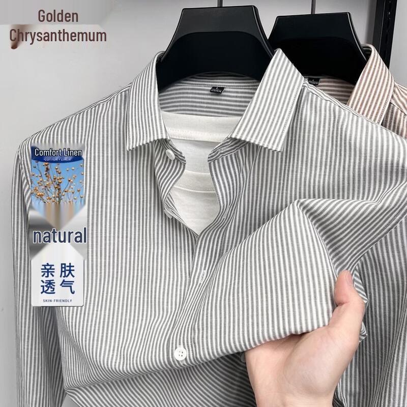 Jinjv Men s Striped Linen Blend Wrinkle-Resistant Long Sleeve Shirt M