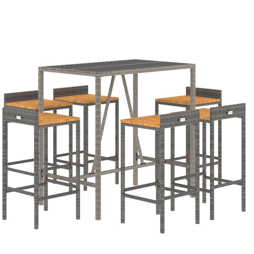 7 Piece Garden Bar Set Grey Poly Rattan & Solid Acacia Wood