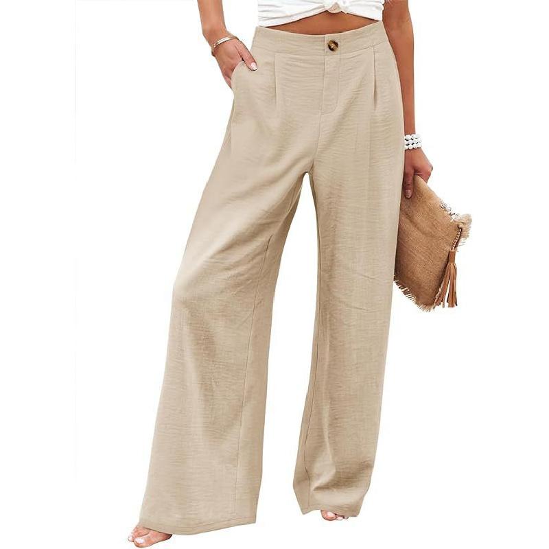 Pantaloni Lunghi Comodi a Vita Alta con Bottoni ed Elastico, Pantaloni Casual Larghi Dritti da Donna, Estate 2026