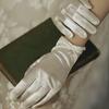 Satin Bride Gloves Short Tulle Wedding Gloves Sheer Wrist Gloves with Bow Faux Pearls for Prom Evening Opera Tea Party