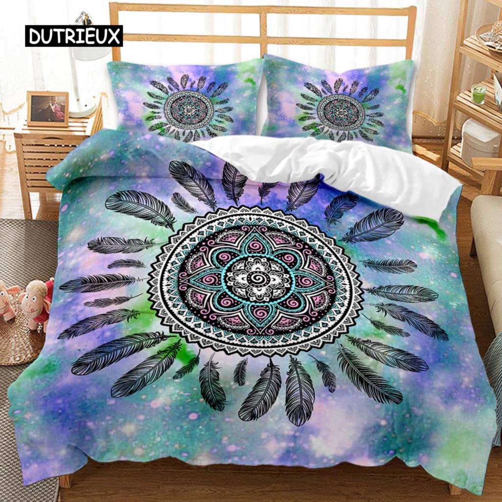 Traumfänger Bettbezug Set Grüne Federn Bettdeckenbezug Grüne Streifen Bettwäsche Set Indischer Stammesstil Polyester Steppdeckenbezug