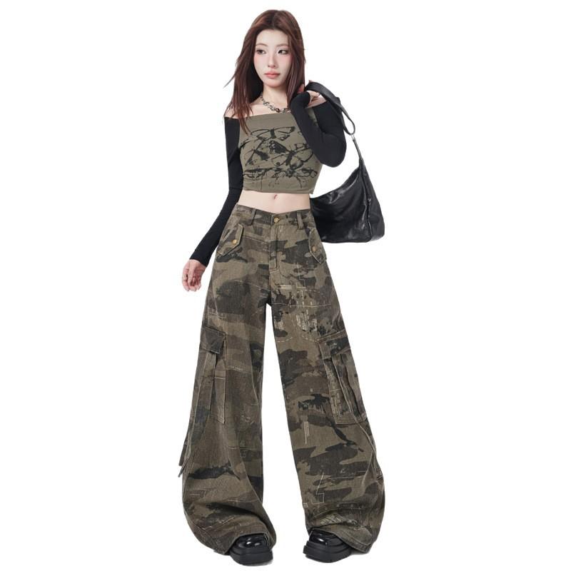 American High Street Design Overalls Wide-leg Denim Camouflage Casual Cool Spicy Style Mopping Women's Jeans
