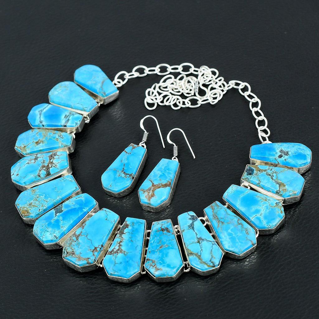 Bohemian Blue Turquoise Statement Necklace and Earrings Set Handmade Silver Plated Jewelry Set for Women Ethnic Tribal Style Jewelry
