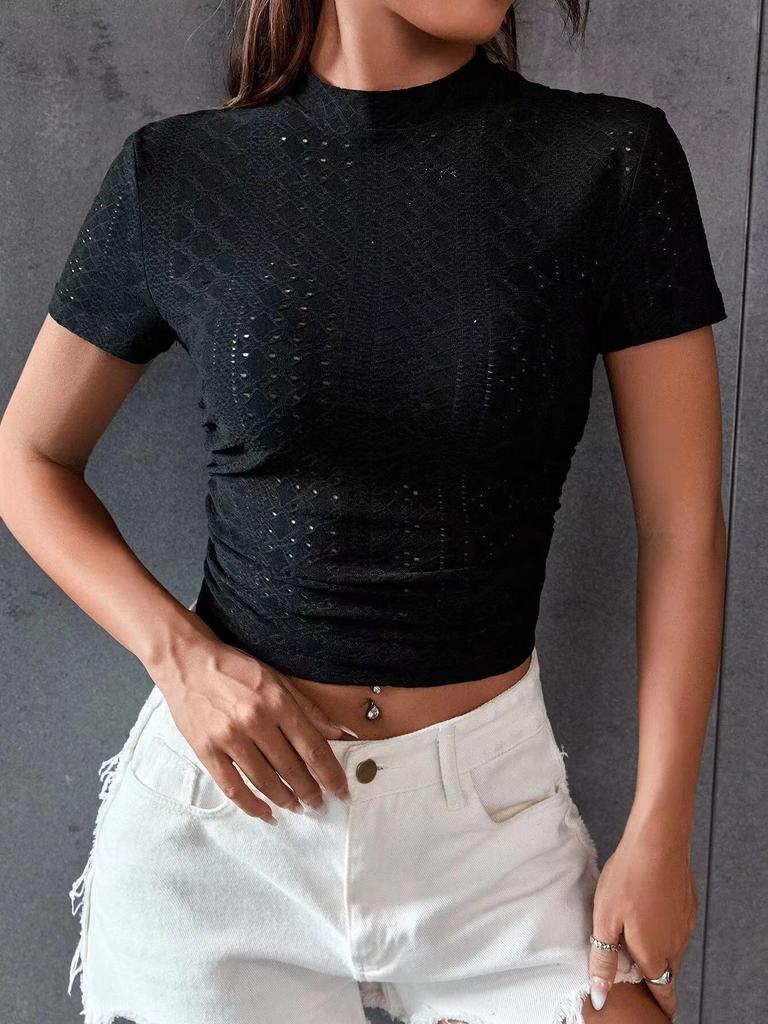 2024 Short Sleeve Pleated Round Neck Knit Cropped Slim Fit T-shirt for Europe and America