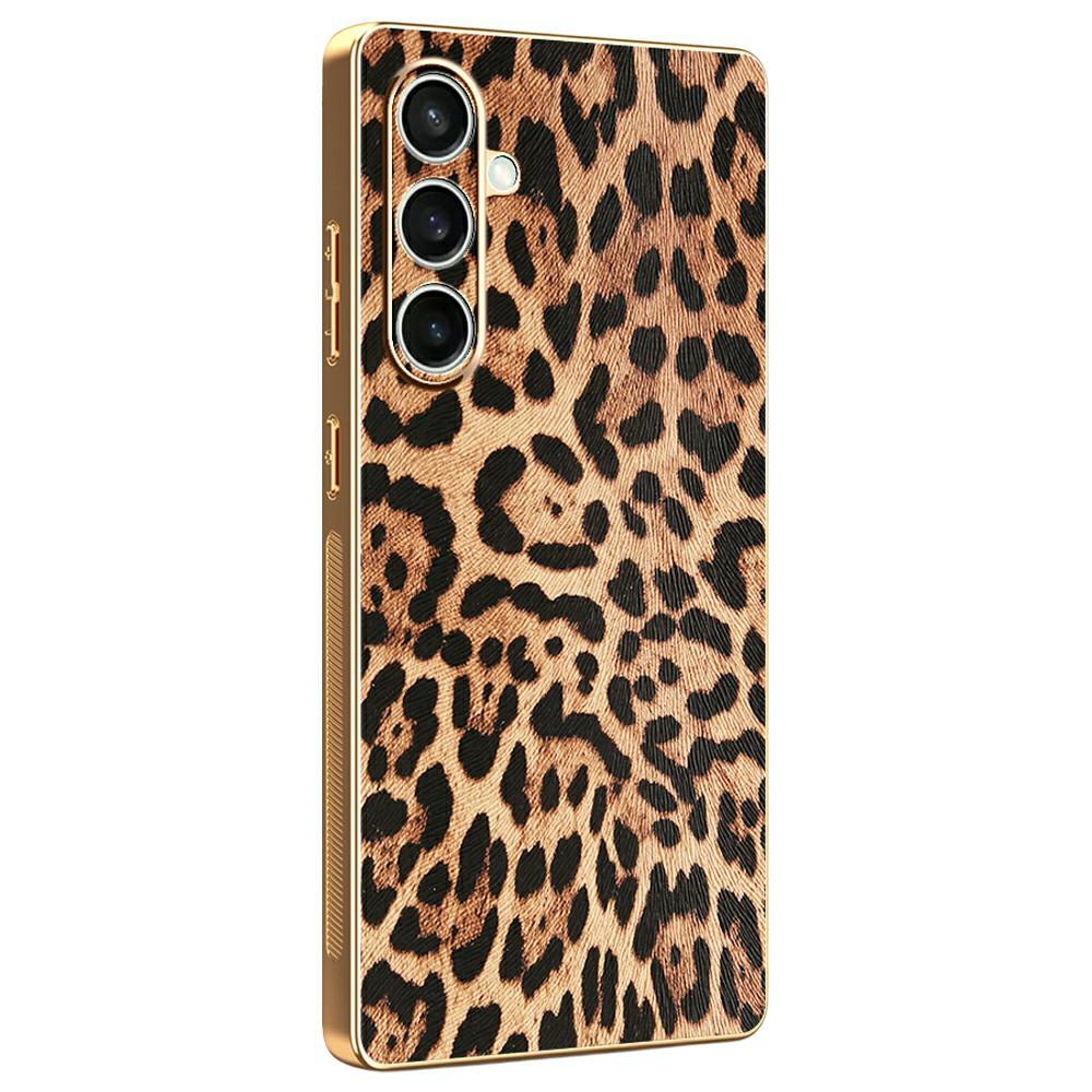 For Samsung Galaxy S24 FE Case Leopard Print PU Leather Coated PC+TPU Electroplating Phone Cover