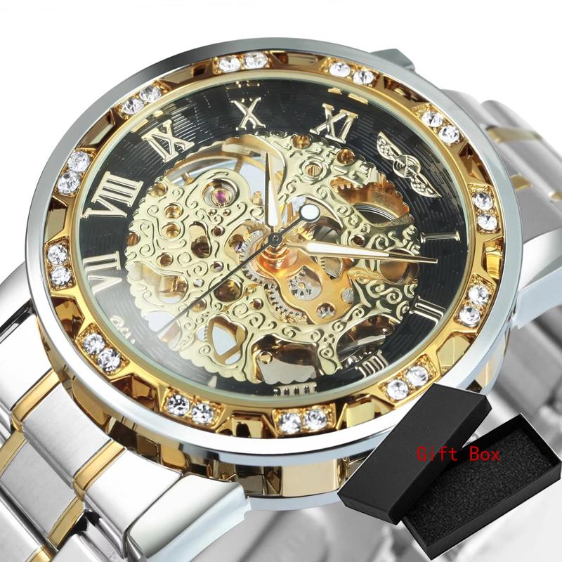Winner Casual Mechanical Watches For Men Golden Roman Fashion Stainless Steel Belt Mesh Strap Wristwatch Clock Relogio Masculino