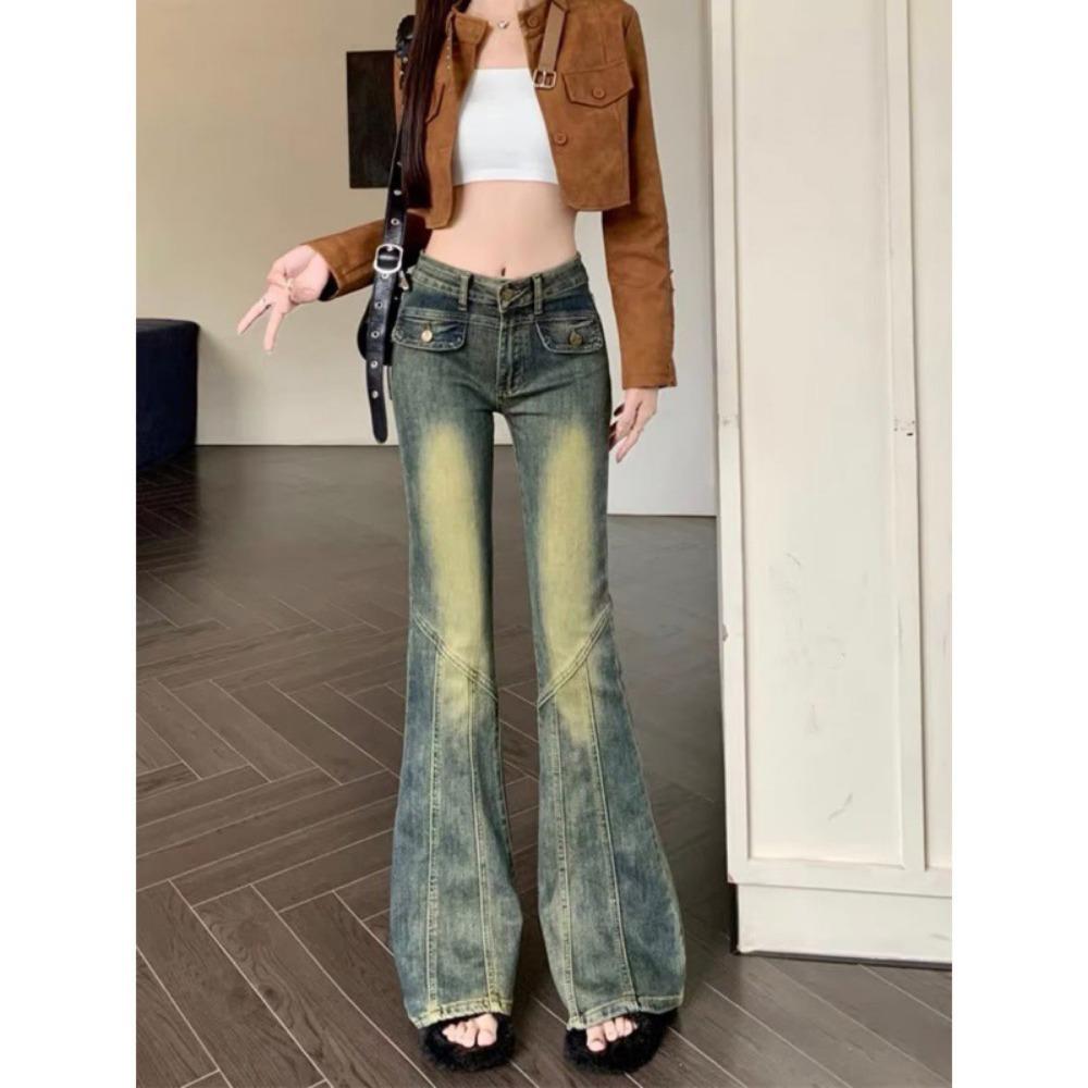 Street personality hot girl high waist micro pull jeans women spring and autumn new thin micro pull horseshoe jeans