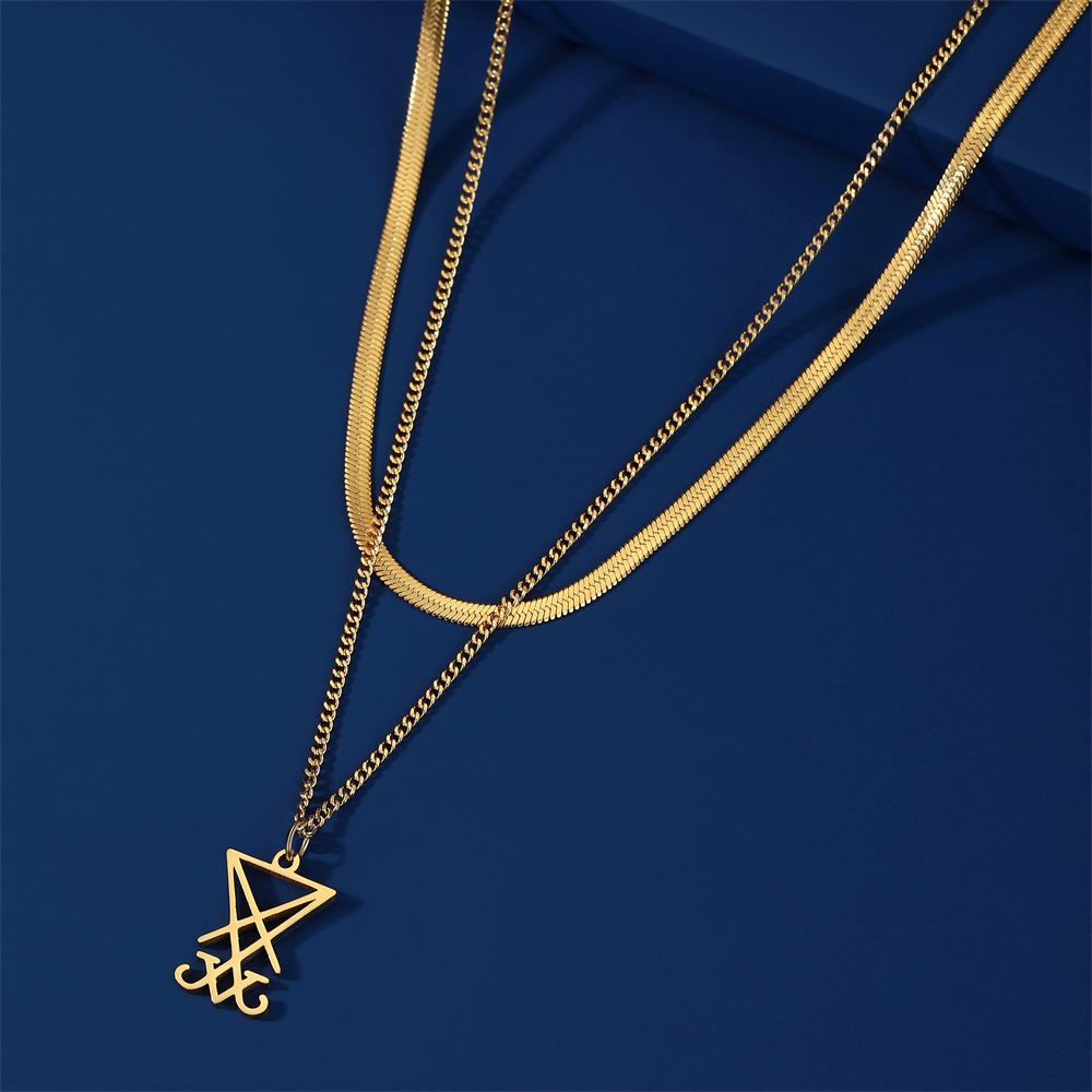Sigil Of Lucifer Pendant Necklace Stainless Steel Double Layer Snake Chain Amulet Jewelry for Women