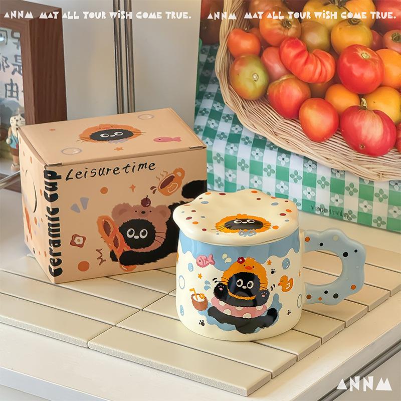 Dárky k narozeninám Kočičí keramický hrnek s víčkem Hrnek na vodu Hrnek s vysokou úrovní vzhledu pro dívky Domácí keramický hrnek na pití