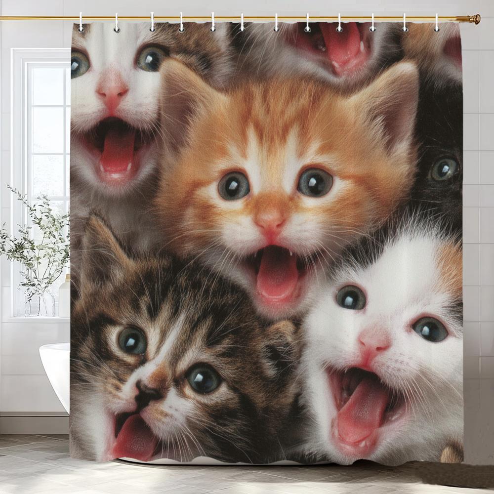 Cute Cat Shower Curtain for Bathroom Decor, Funny Bathroom Curtain , Cat Cute Cartoon Waterproof Fabric Home Curtain With Hooks